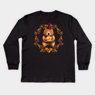 Thanksgiving Bear With Turkey Dinner Kids Long Sleeve T-Shirt